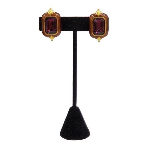 BEREBI Vintage Purple Enamel Rhinestone Clip Earrings Gold Tone Signed - Picture 11 of 12